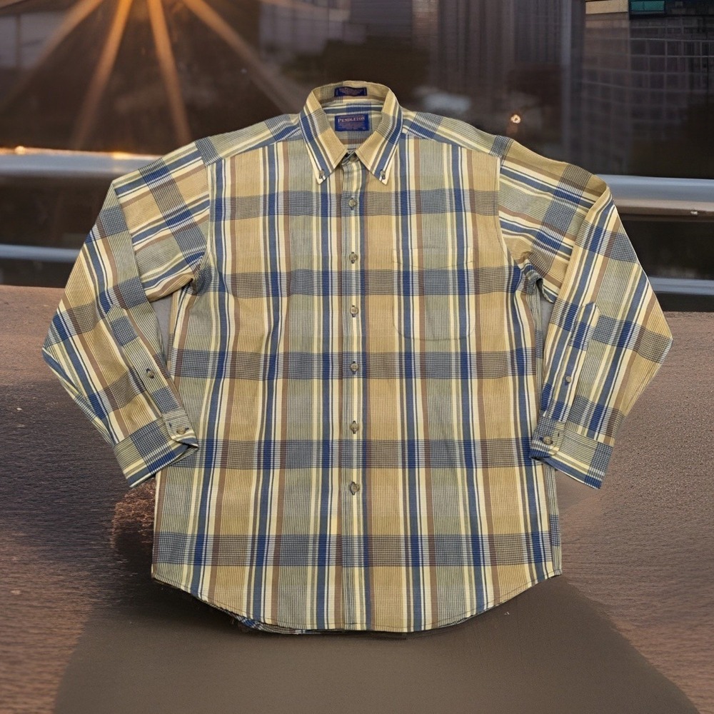 VTG Pendleton Shirt Mens M Blue Gold Plaid Sir Pendleton Virgin Wool Western Y2k